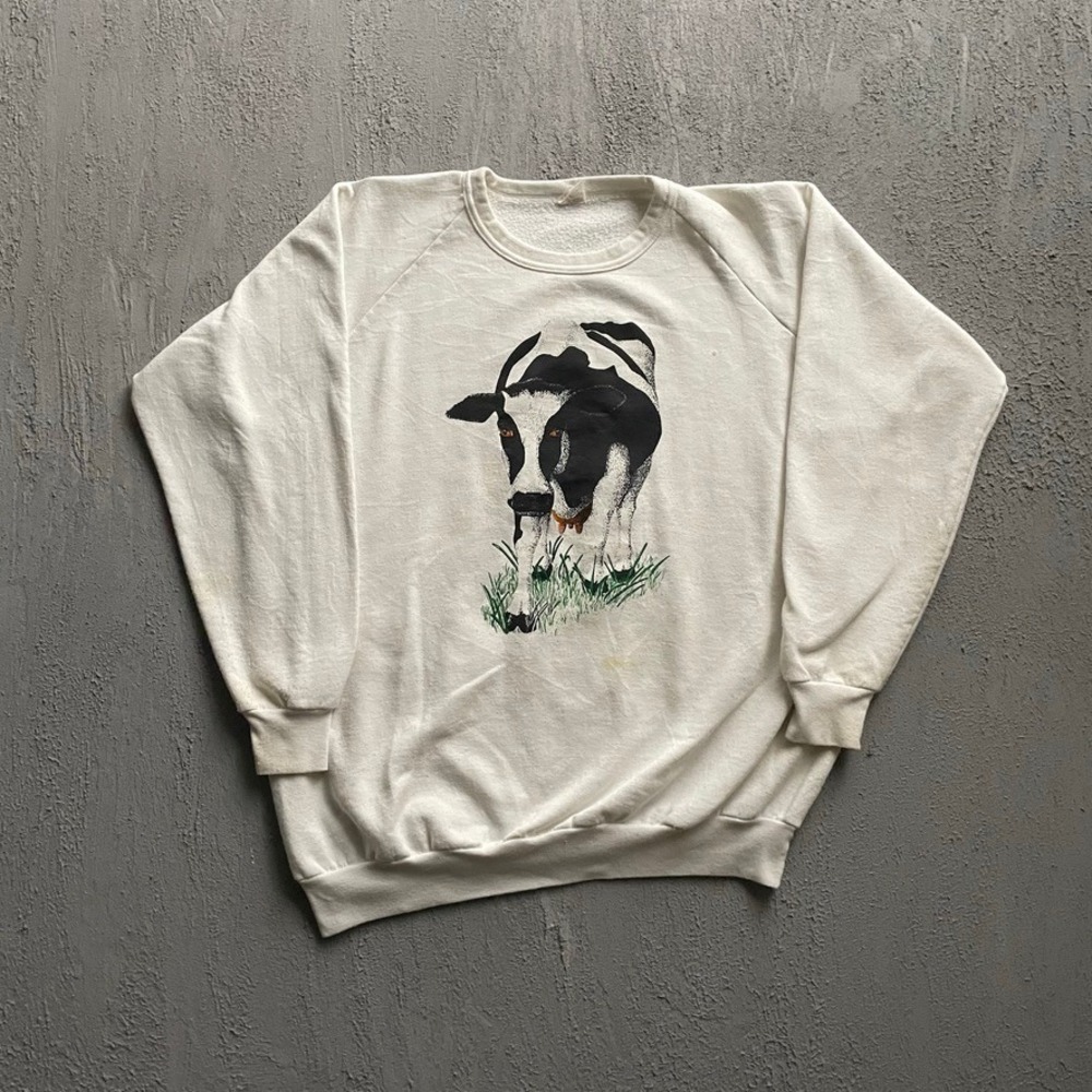 Vintage Cow Sweatshirt Unisex XL White 90s double sided